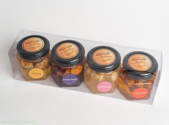 Набор подарочный (4 вида мёда с орехами в прозрачной коробке) №2