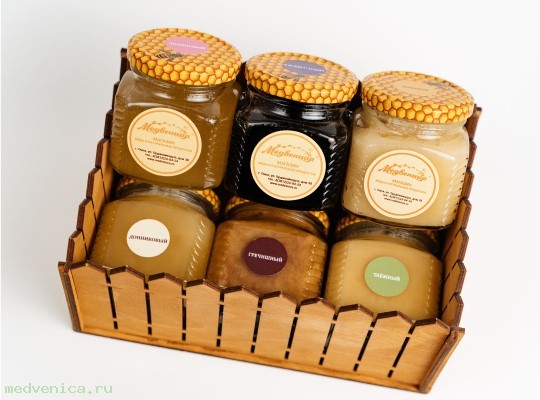 Набор подарочный (6 видов мёда в фанерной коробке 